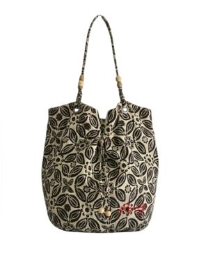Roxy Black & Cream Floral Tote Bag with Wooden Bead Details-EUC